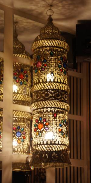 A decorative Turkish lantern hanging in an alcove at Cappadocia Restaurant, Warrington