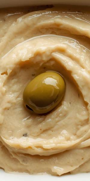 An olive in the middle of a dish of hummous at the Cappadocia Restaurant, Warrington.